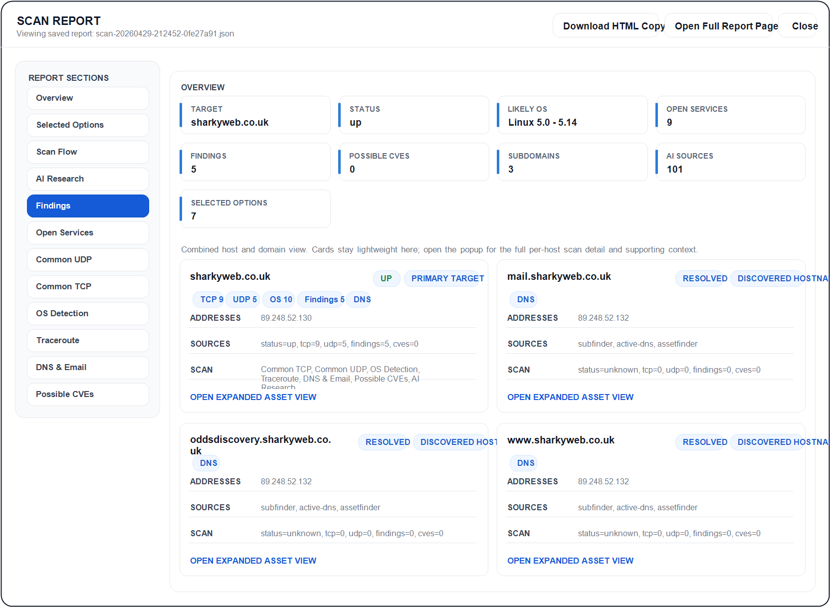 Example scan report from SharkyWeb penetration testing tooling